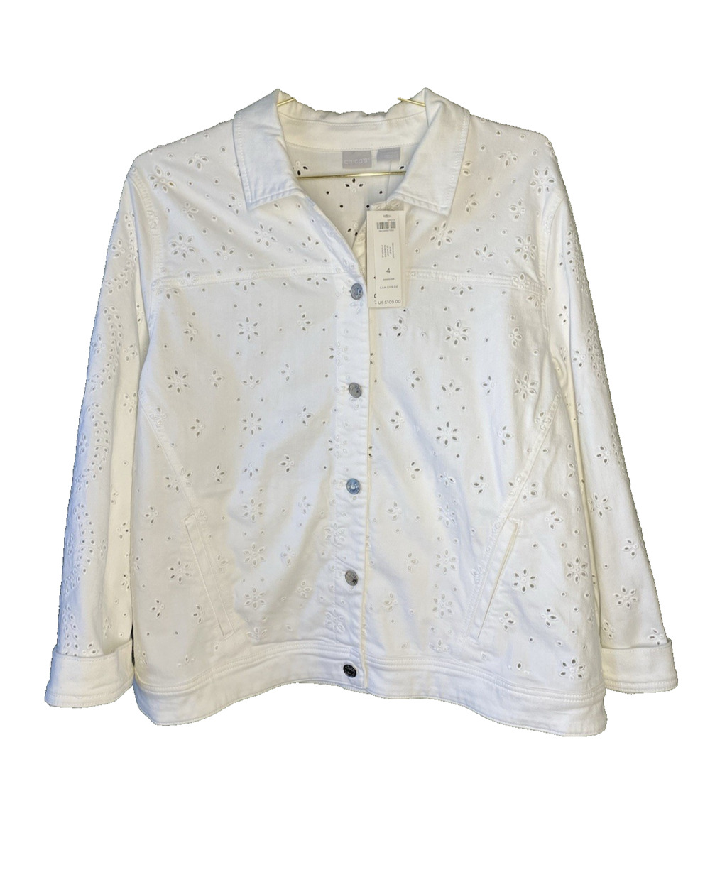 Chicos Trucker Jacket Womens 4 US XXL NEW Floral Eyelet White Denim Coat Cottage